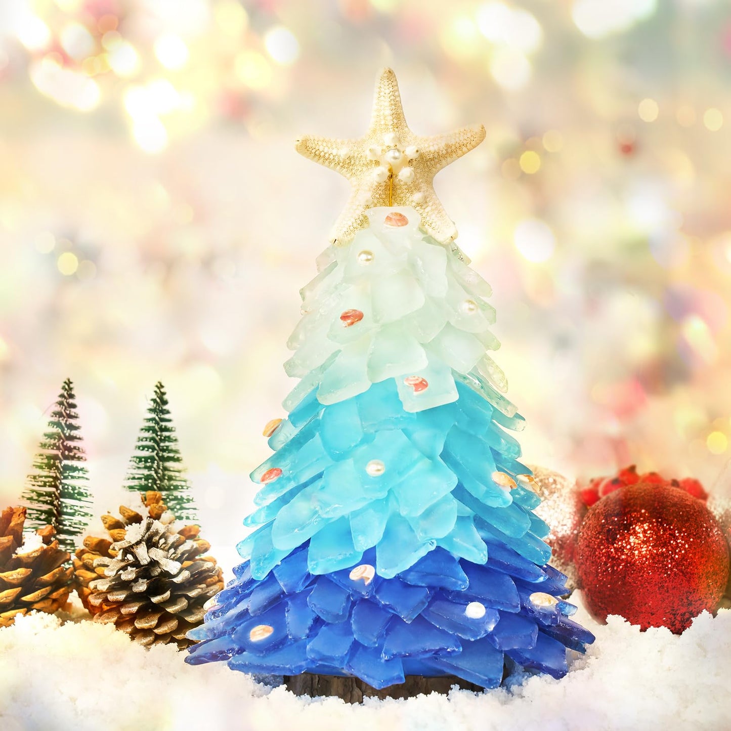 Sea Glass Christmas Tree - Handcrafted Mini Christmas Tree, Table Centerpiece - Ideal for Christmas, New Year, Home Decor, Coastal Holiday Decor and More (Blue Gradient)