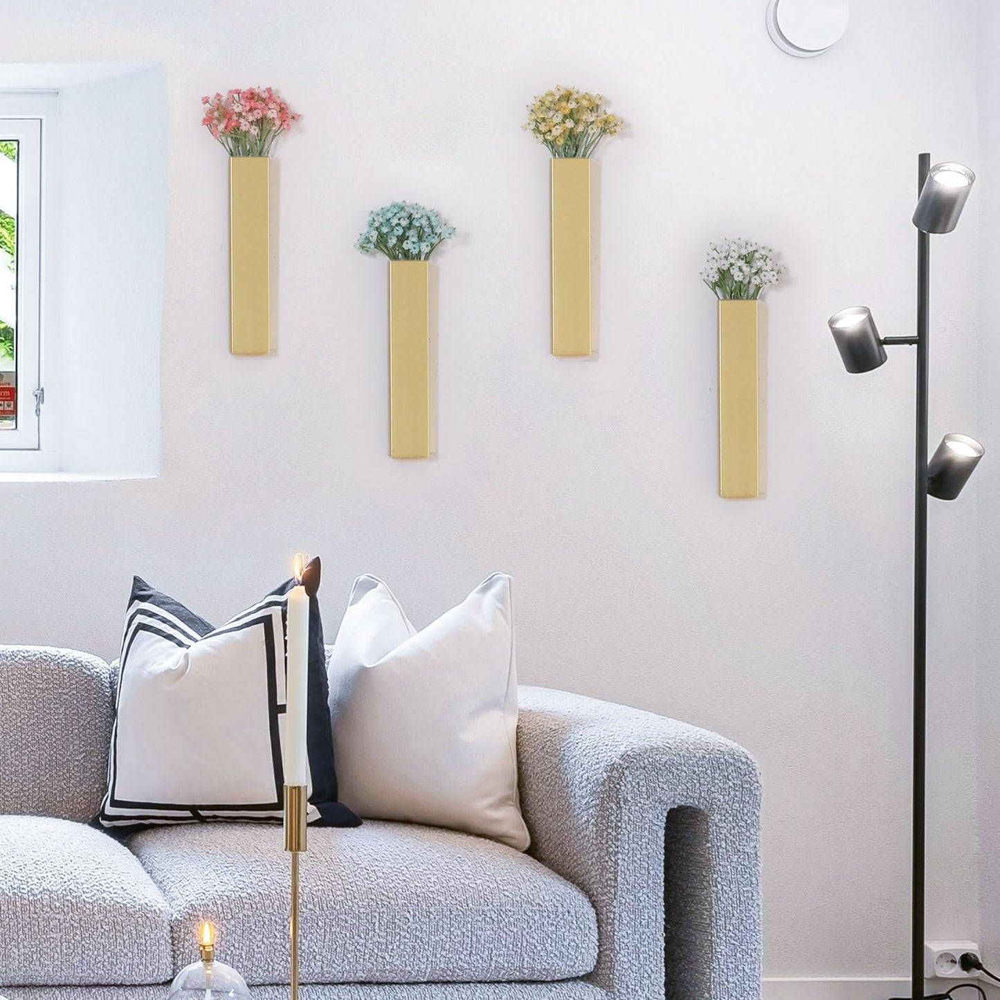 Pretty Jolly Wall Decor Babys Breath Metal Planter Modern Boho Home Vase,Artificial Flowers Indoor Wall Sculpture for Living Room, Bedroom White Set of 2 Gold