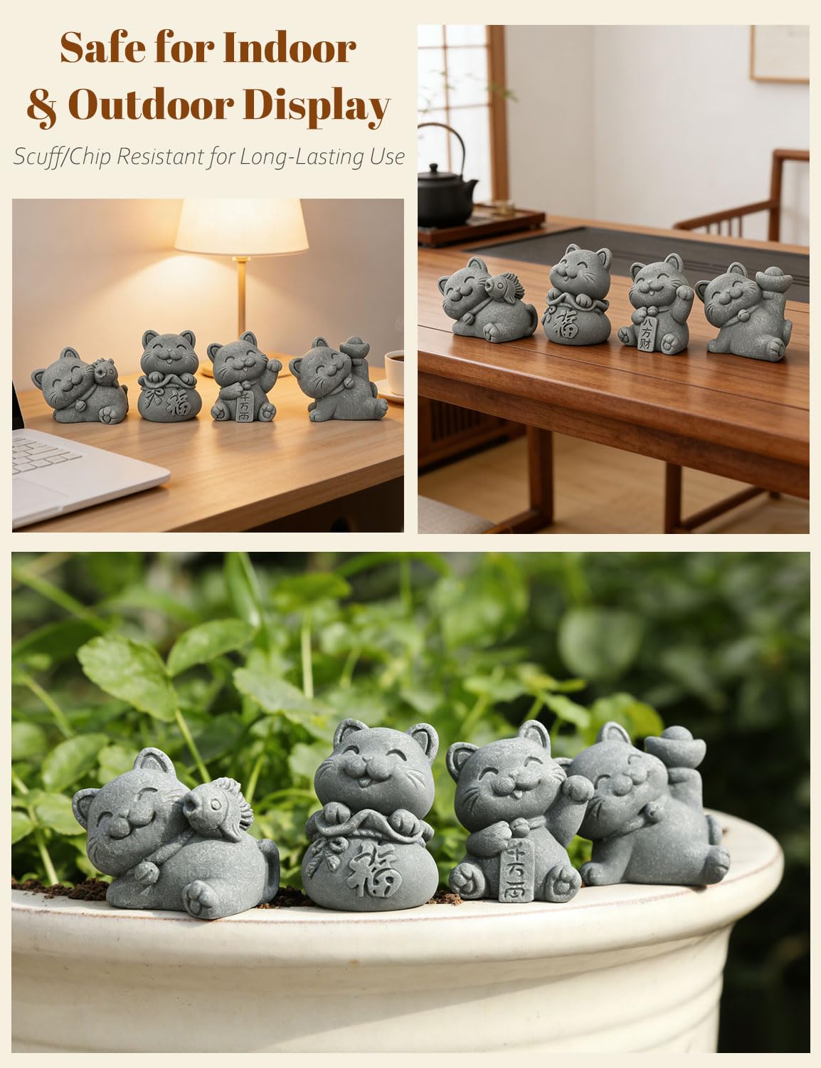 BEIZHAN 4 Piece Cute Lucky Cat Statue Set, Sandstone Feng Shui Fortune Figurines, Wealth & Good Luck Desk/Garden Decor for Home Office