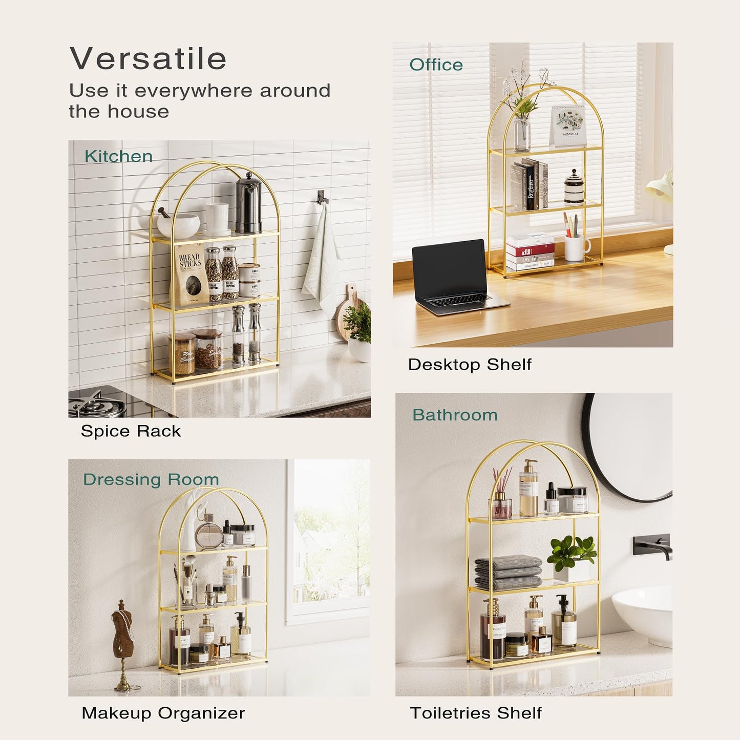 Crofy Gold Arched Frame Wall Shelf, Decorative 3 Tier Bathroom Wall Shelf with Transparent Tempered Glass Shelves and Robust Storage Capacity, 5.1" D x 18.1" W x 28.9" H