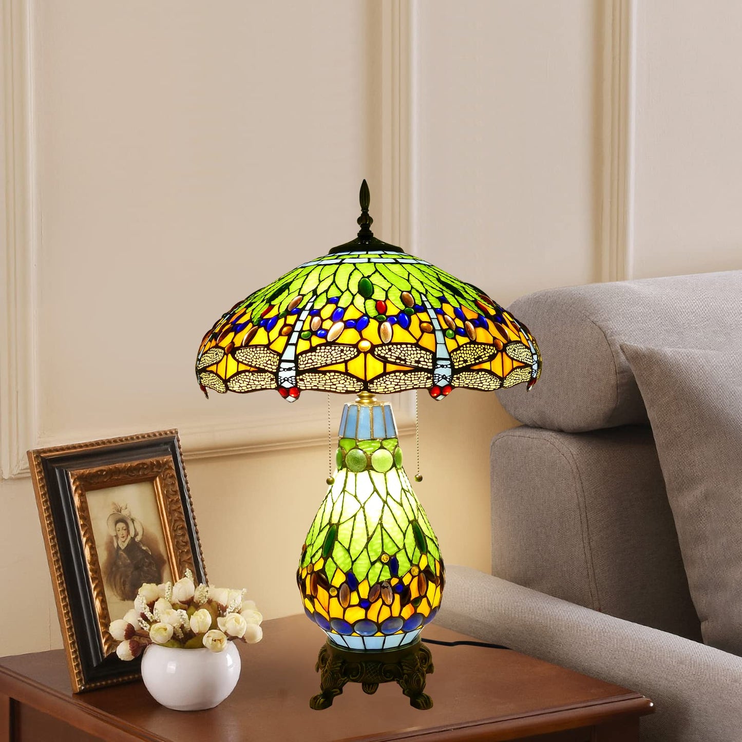 VirtueKing Tiffany Style Table Lamp Green Dragonfly Tiffany Lamp Handmade Stained Glass Lamp 18x18x27 Inches Desk Reading Light for Bedroom Living Room Home Office Decoration, LED Bulb Included