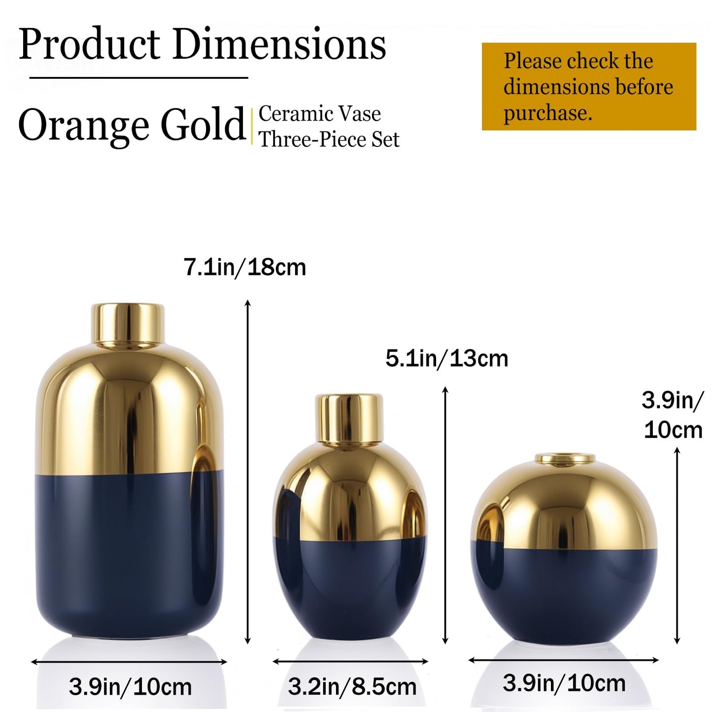 Blue & Gold Ceramic Vase Set of 3, Modern Round Circle Electroplated Two-Tone Decorative Vases for Pampas Grass, Dining Table Wedding Centerpiece, Living Room Bedroom Office Bookshelf