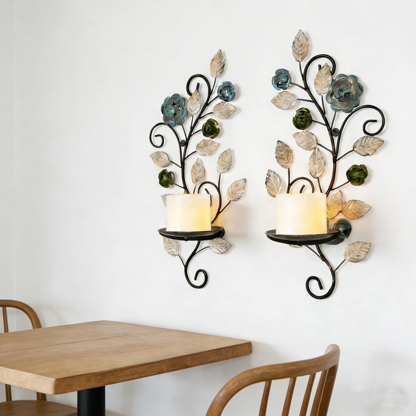 Metal Wall Candle Sconce Holders Set of 2, Rustic Leaf and Flower Branch Candle Holder Wall Decoration for Living Room Farmhouse Wedding Fireplace