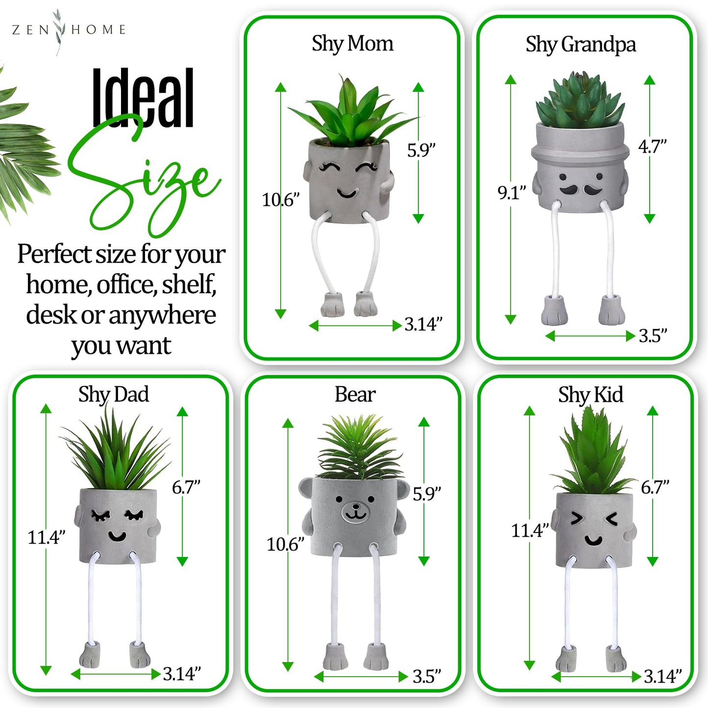 Zen Home Small Fake Plants for Shelf - Mini Succulent Artificial Decor - Desk Plants for Office - Faux Plant - Cute Home Decor (Shy Grandpa)