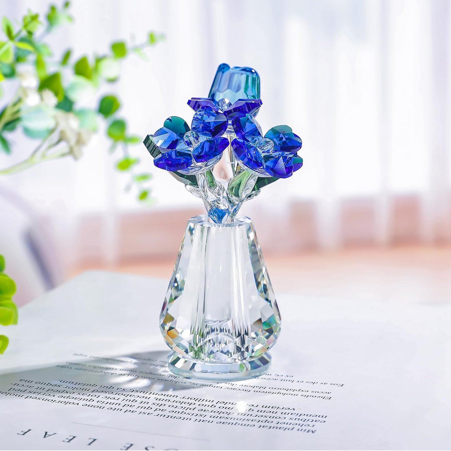 Crystal Rose Flower Figurine with Vase, Handmade Glass Flower Gifts for Woman, Wedding Gifts for Wife, Home Party Decorations (Blue)