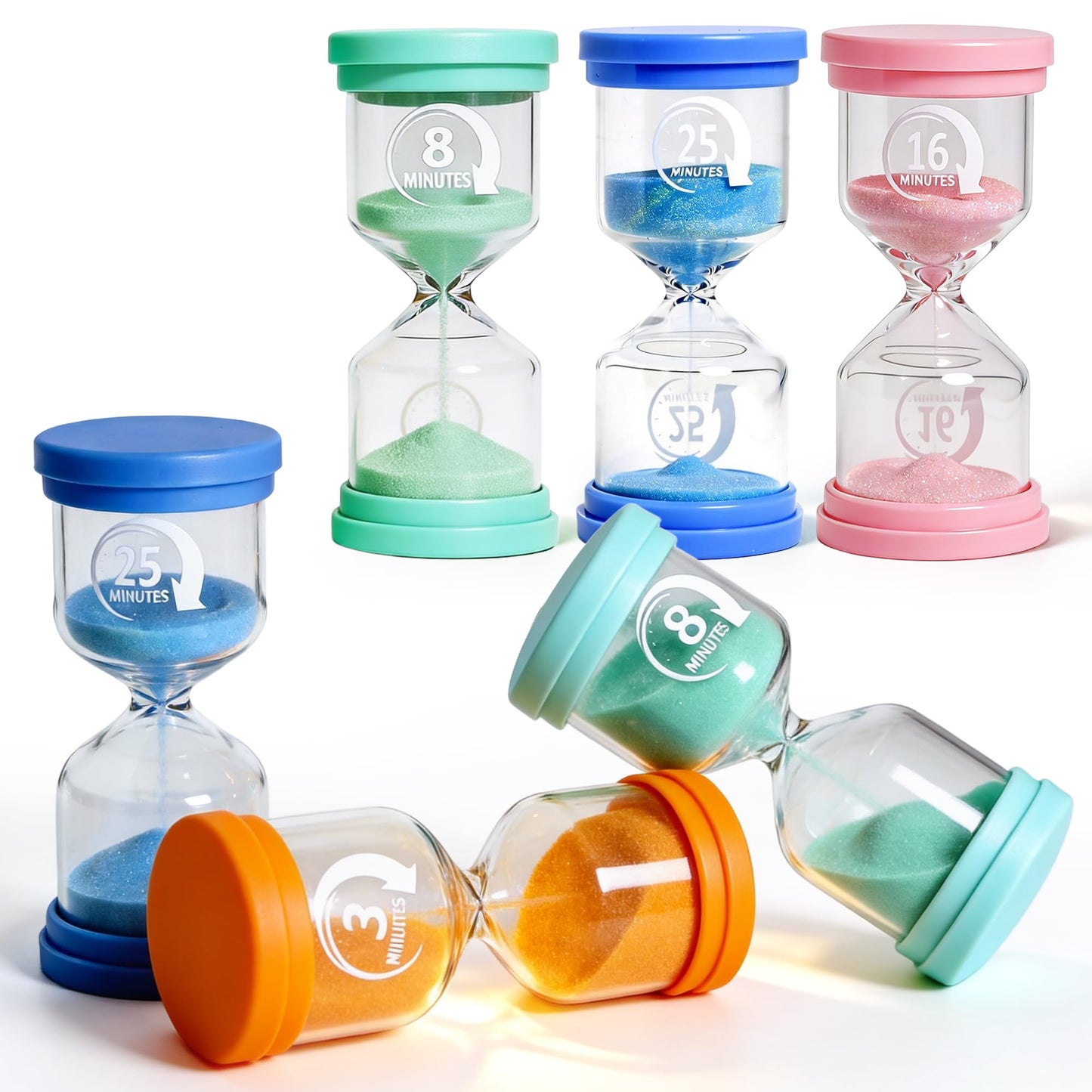 PROLOSO Sand Timers Set 4 Pcs Colorful Hourglass 3 Mins / 8 Mins / 16 Mins / 25 Mins Sandglass Glow in the Dark Sand Clock for Classroom Home Office