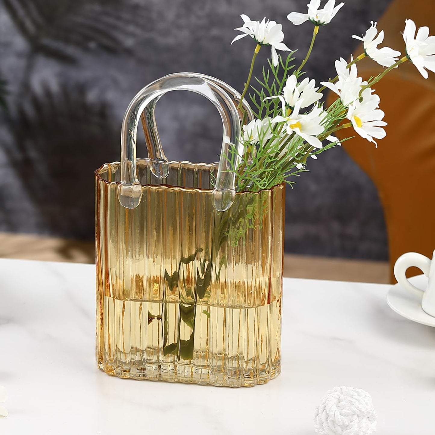 PORPAN Purse Vase, Glass Bag Vase, Glass Purse Vase for Flowers, Amber Glass Vase, 11.2 Inch Large Glass Flower Vases, Ribbed Vases for Wedding, Living Room, Bedroom, Table, Office