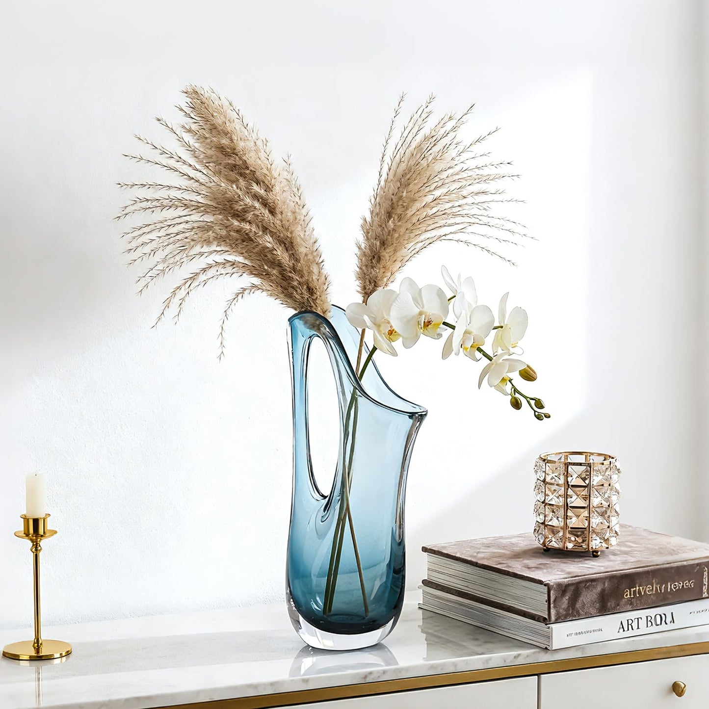Abstract Glass Decorative Vases - 12.6" H Ombre Centerpiece Vase, Wide Mouth Handled Glass Pitcher Vase Flower, for Home Decor Living Room,Table,Bathroom,Office Shelf Decorative (Ombre Blue)