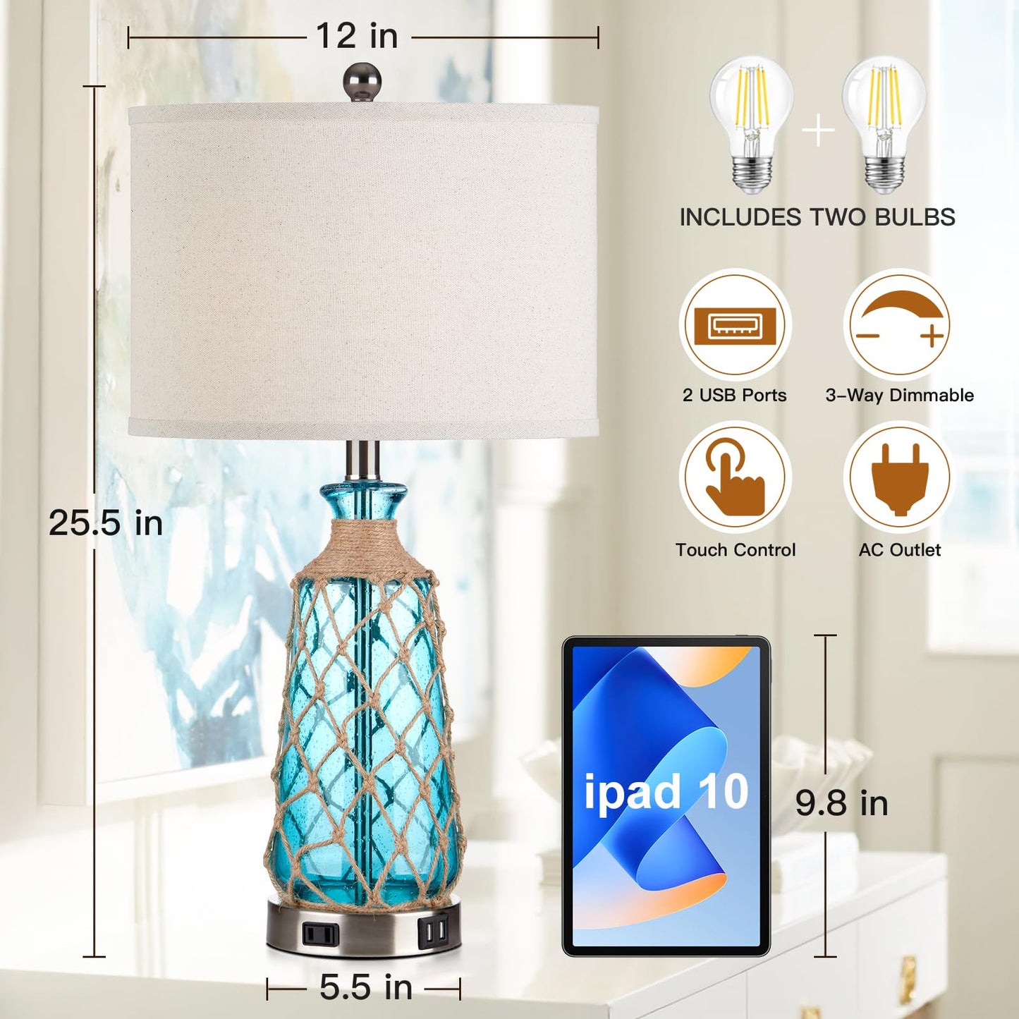 Ruzectt 25.5" Coastal Glass Table Lamps Set of 2, 3-Way Dimmable Touch Control Bedside Lamps with 2 USB Ports and AC Outlet, Blue Nautical Nightstand Lamps for Bedroom Living Room (LED Bulbs Included)