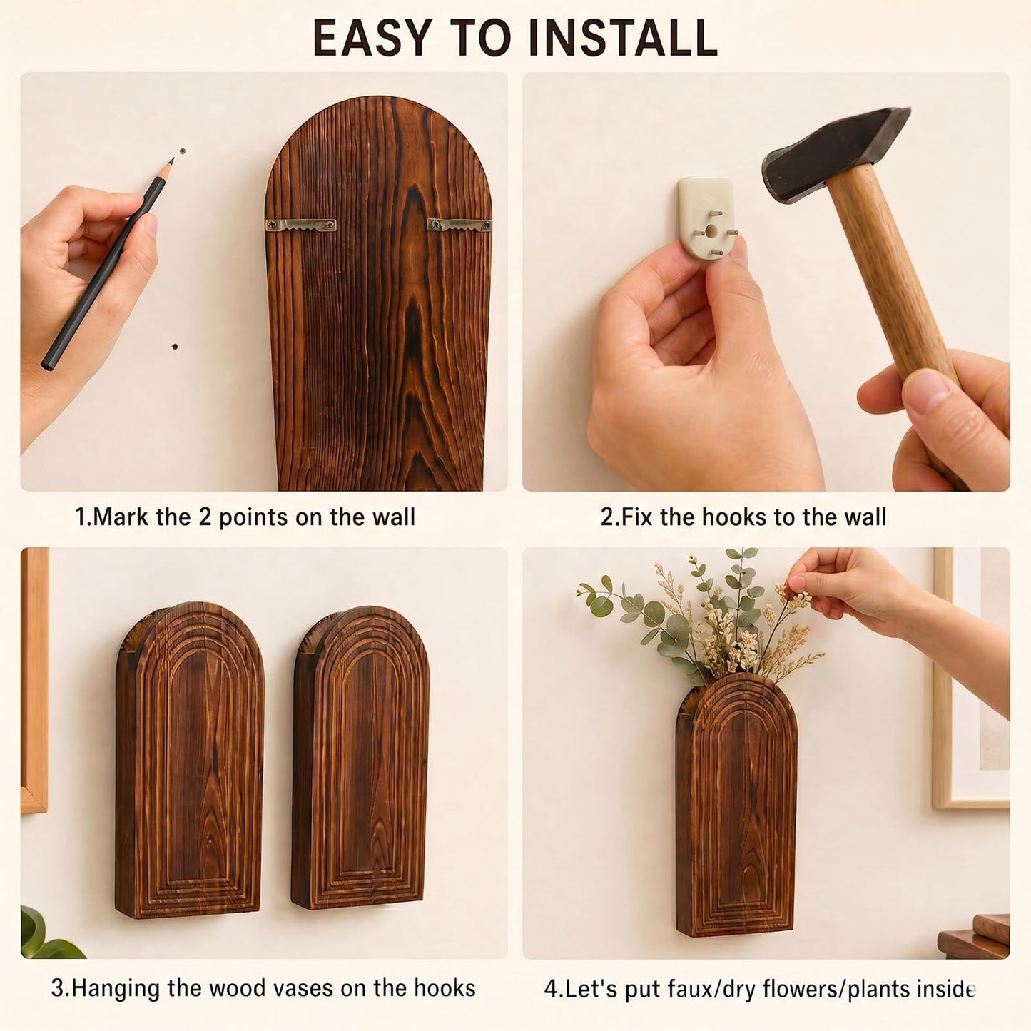 2 Pack Wooden Wall Vase Set, YOPIKUU Brown Boho Hanging Wall Planter Vase