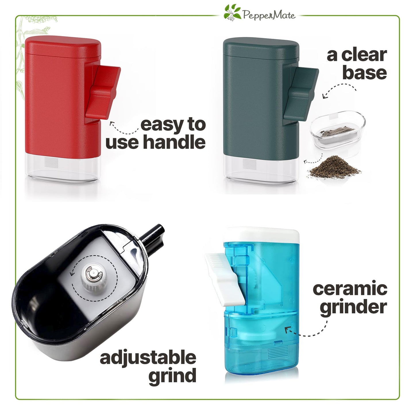 Black Pepper Mill Grinder - Adjustable Manual Ceramic, Easy Crank Handle