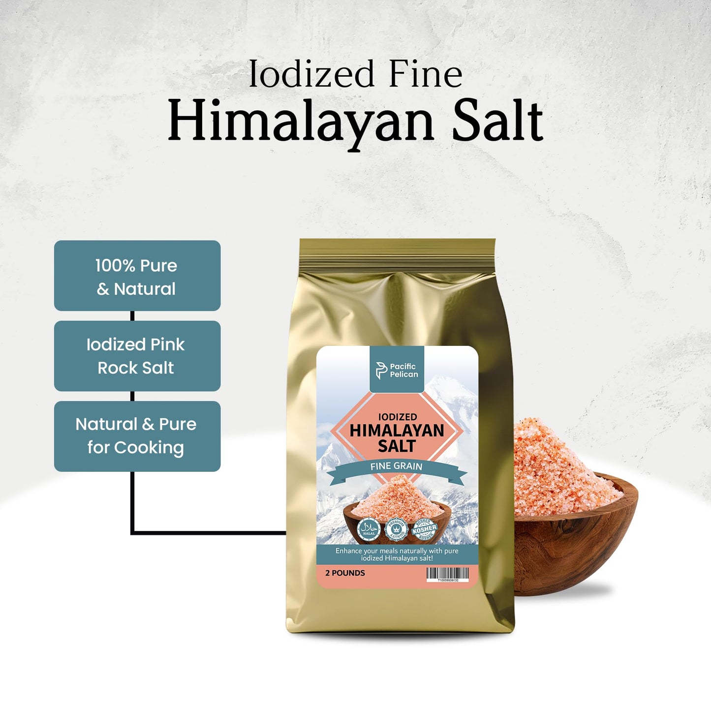 Pacific Pelican Iodized Himalayan Pink Salt | Fine Grain, Unrefined, Pure Rock Salt | 2 Pounds | 100% Natural & Organic for Cooking, Seasoning & Wellness