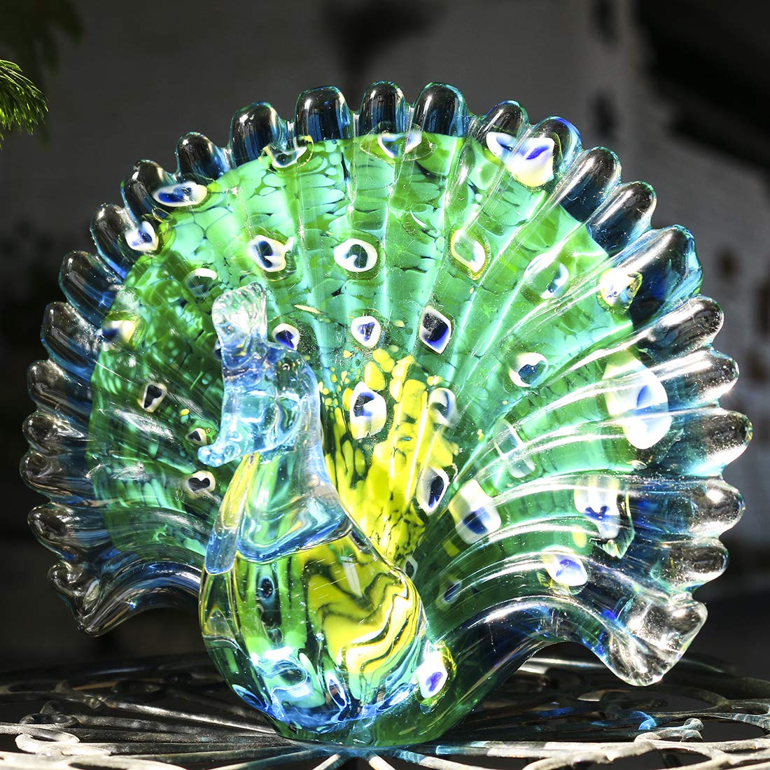 Crystalsuncatcher Hand Blown Glass Peacock Figurines Collectible Gift for Women Glass Art Animal Sculpture for Home Table Decorations (7.5in,Green)