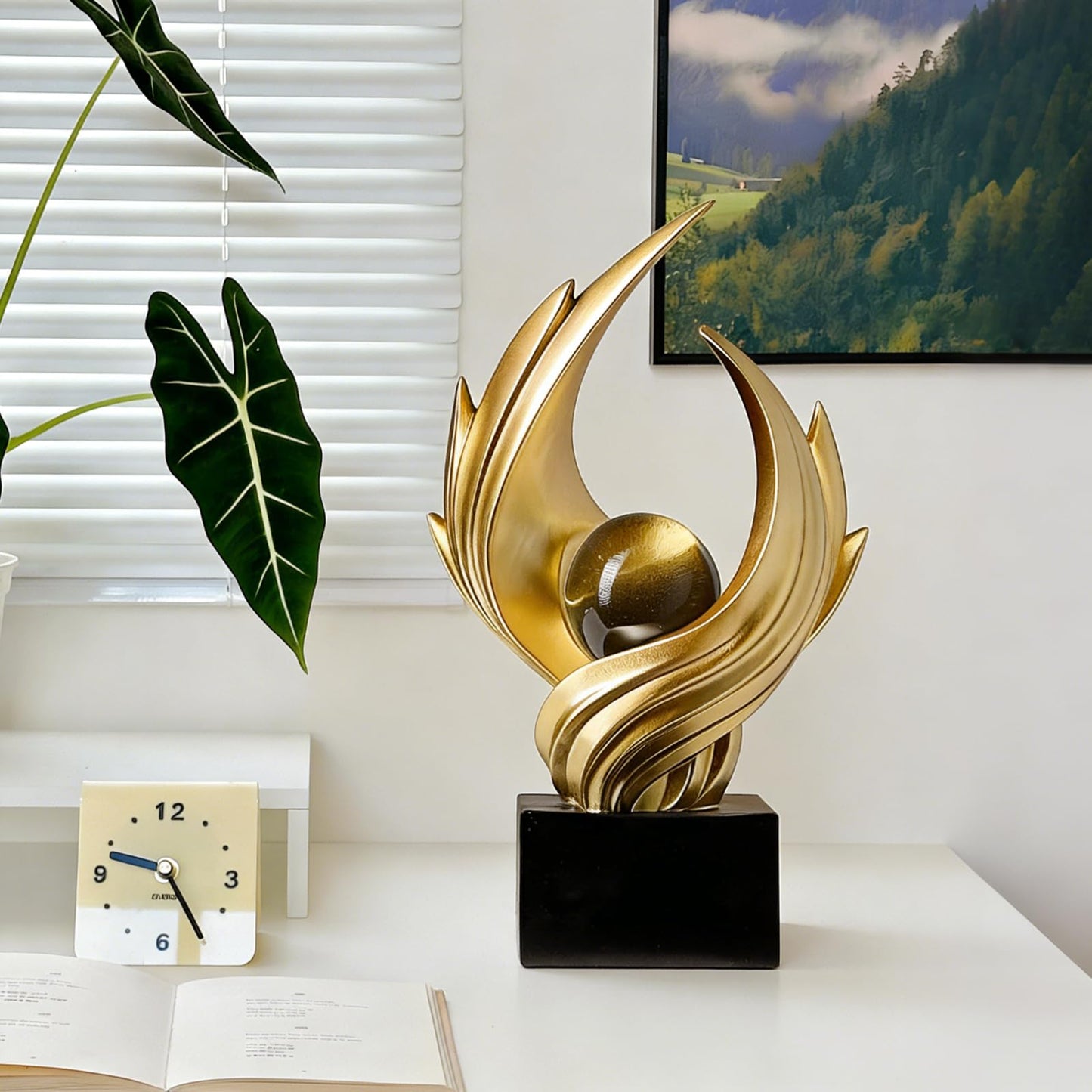 Modern Art Statue Decor, Abstract Swirl-Shaped Sculpture with Glass Ball Resin Art Figurines Centerpiece Sculptures for Home Decor Living Room Stand Coffee Table Office Bookshelf Decoration (gold)
