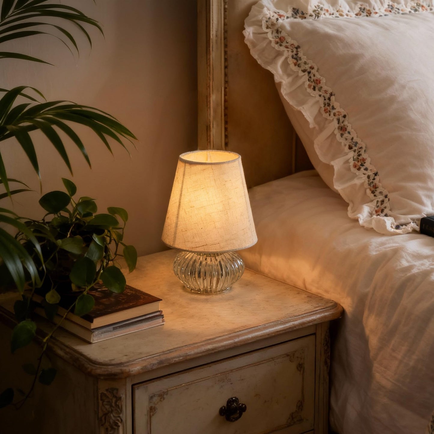 LUSHARBOR Battery Operated Lamp with Timer, Small Decorative Table Lamp with Linen Shade Cordless Ambient Accent Lamp for Bedroom Nightstand, Shelf & Living Room Decor -Tapered