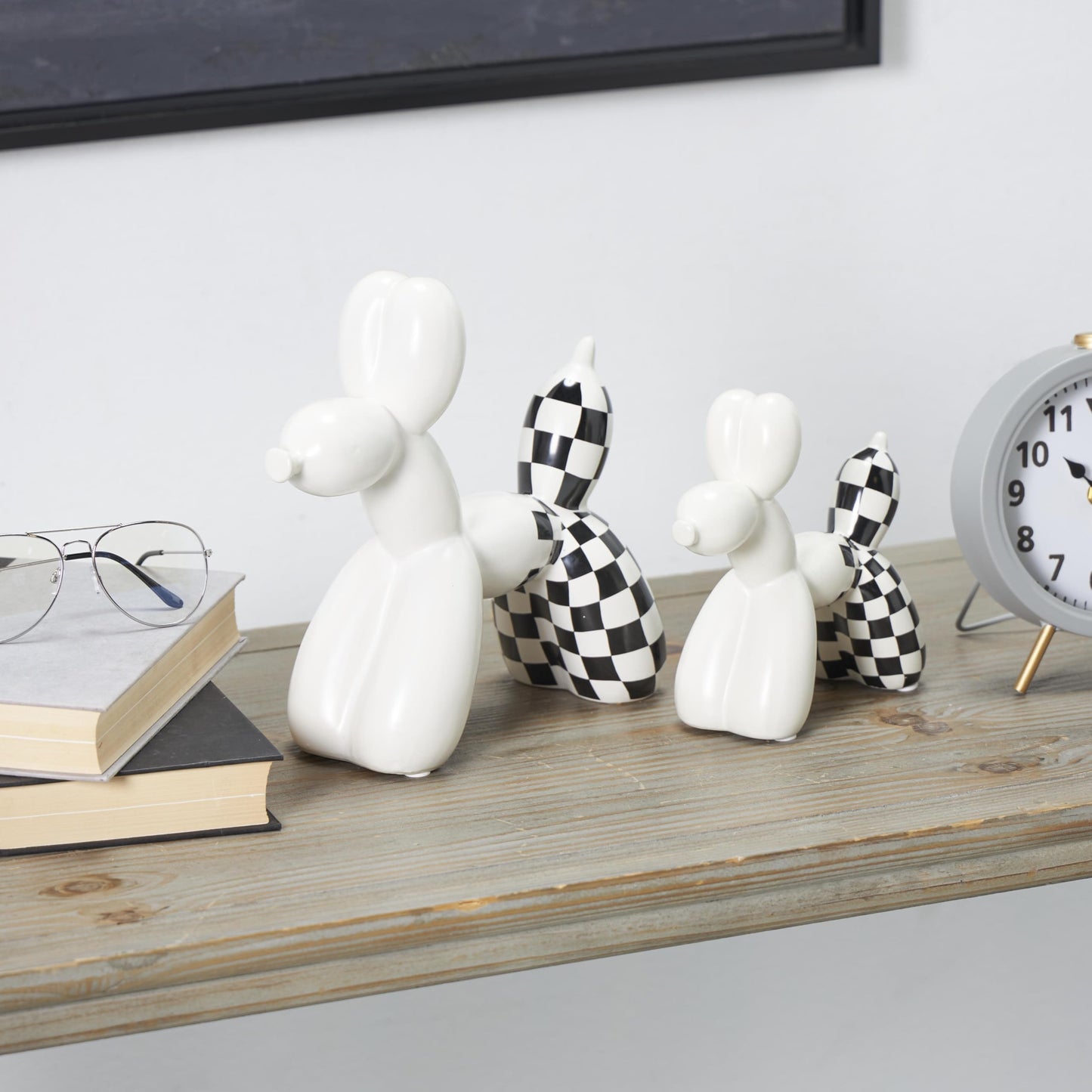 Deco 79 Ceramic Dog Decorative Sculpture Balloon Home Decor Statues with Checkered Accents, Set of 2 Accent Figurines 9", 7"H, White