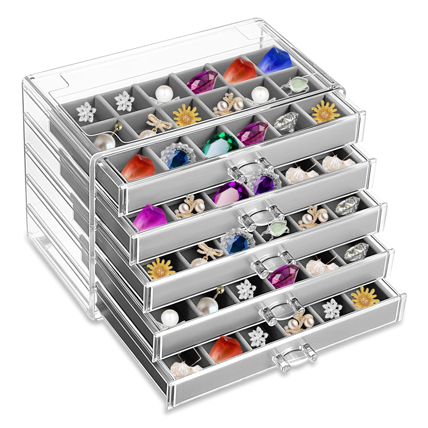 COMNICO Rock Display Case, 5 Layer 90 Grid Rock Collection Display Case Velvet Acrylic Clear Displays Cases Organizer for Collectibles Crystal Gemstone Fossil Stone