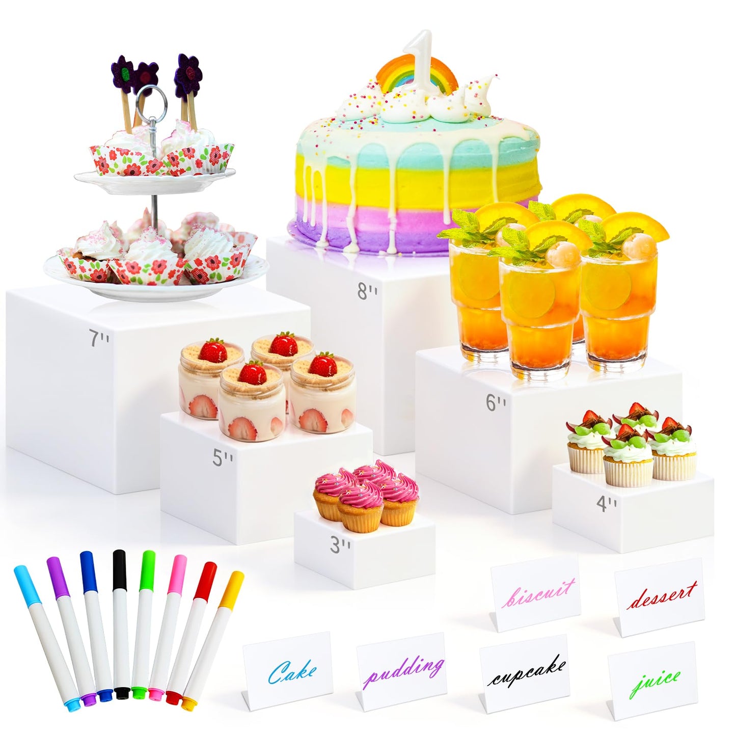 ABenkle 6Pcs White Acrylic Buffet Risers, Buffet Table Risers and Stands, Food Risers Display Shelf for Party Catering Dessert Cupcake,Cube Display Box with Mini Sign