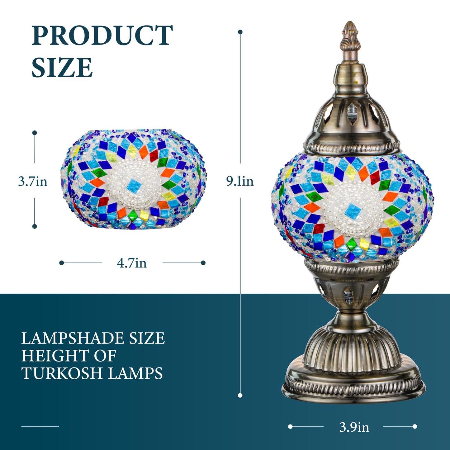 Marrakech Turkish Table Lamp with Bronze Base，Handmade Blue Moroccan Tiffany Style Mosaic Glass Night Stand Light Fixture Including LED Bulb for Living Room Bedroom Decor (Blue)