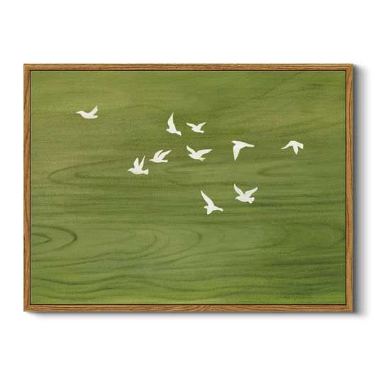 Peaceful Landscape 12x16 Zen Framed Canvas Wall Art, Abstract Minimalist Green Nature Print with Flying White Birds Painting, Modern Bedroom Office Home Farmhouse Calming Spaces Decor
