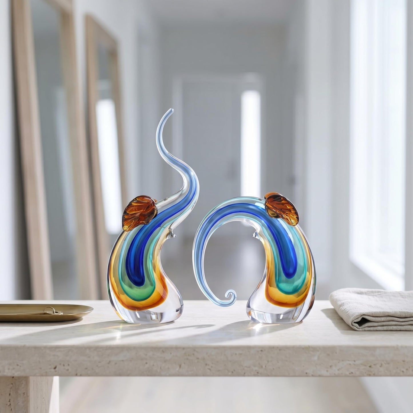 suruim Hand Blown Murano Glass Elephant Statues Set - Luxury Sculptures Home Decor for Living Room & Office Art Glass Ornament Animal Collectible (Blue)