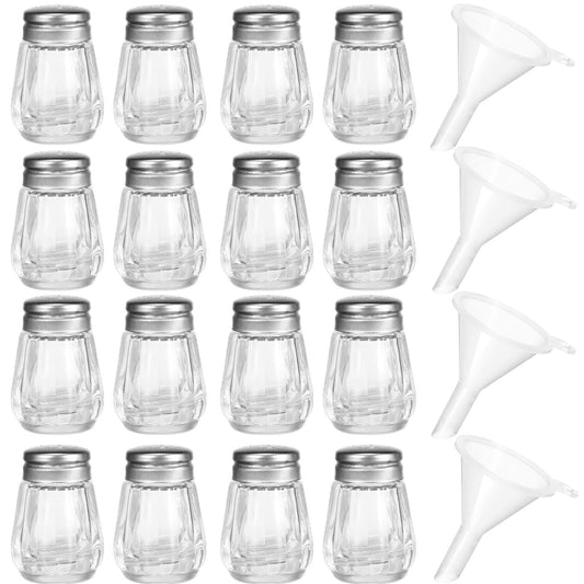 Potchen 0.5 oz Small Salt and Pepper Shakers with Funnels Clear Mini Glass Seasoning Jars Bulk Tiny Spice Glass for Wedding Party Restaurant Home Kitchen Travel Camp(Silver)