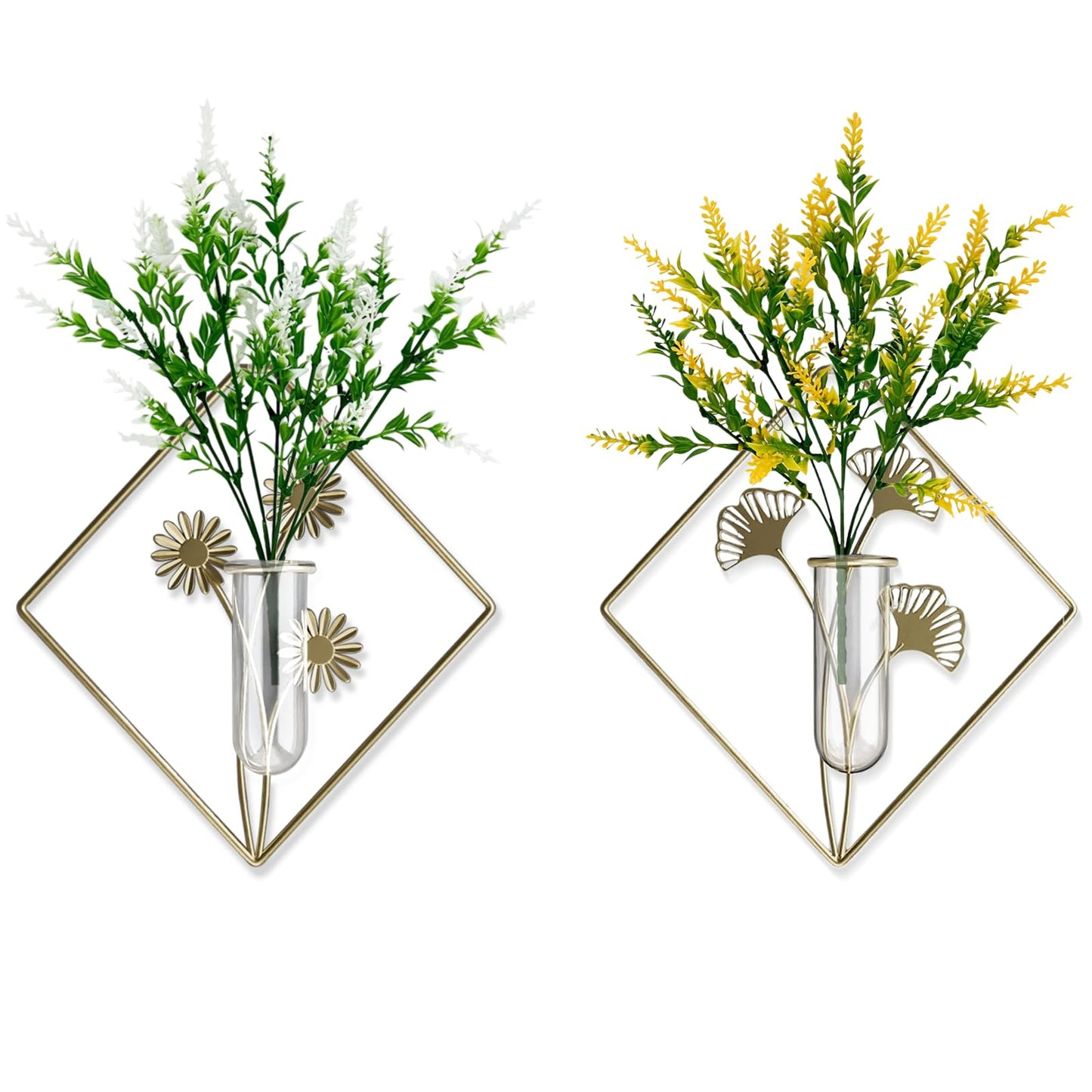 AZY 2 Pack Metal Wall Vase Set – Modern Farmhouse Wall Decor for Living Room, Bathroom & Bedroom, No-Drill Hanging Wall Planters with Artificial Plants, Boho Wall Decor & Minimalist Metal Art