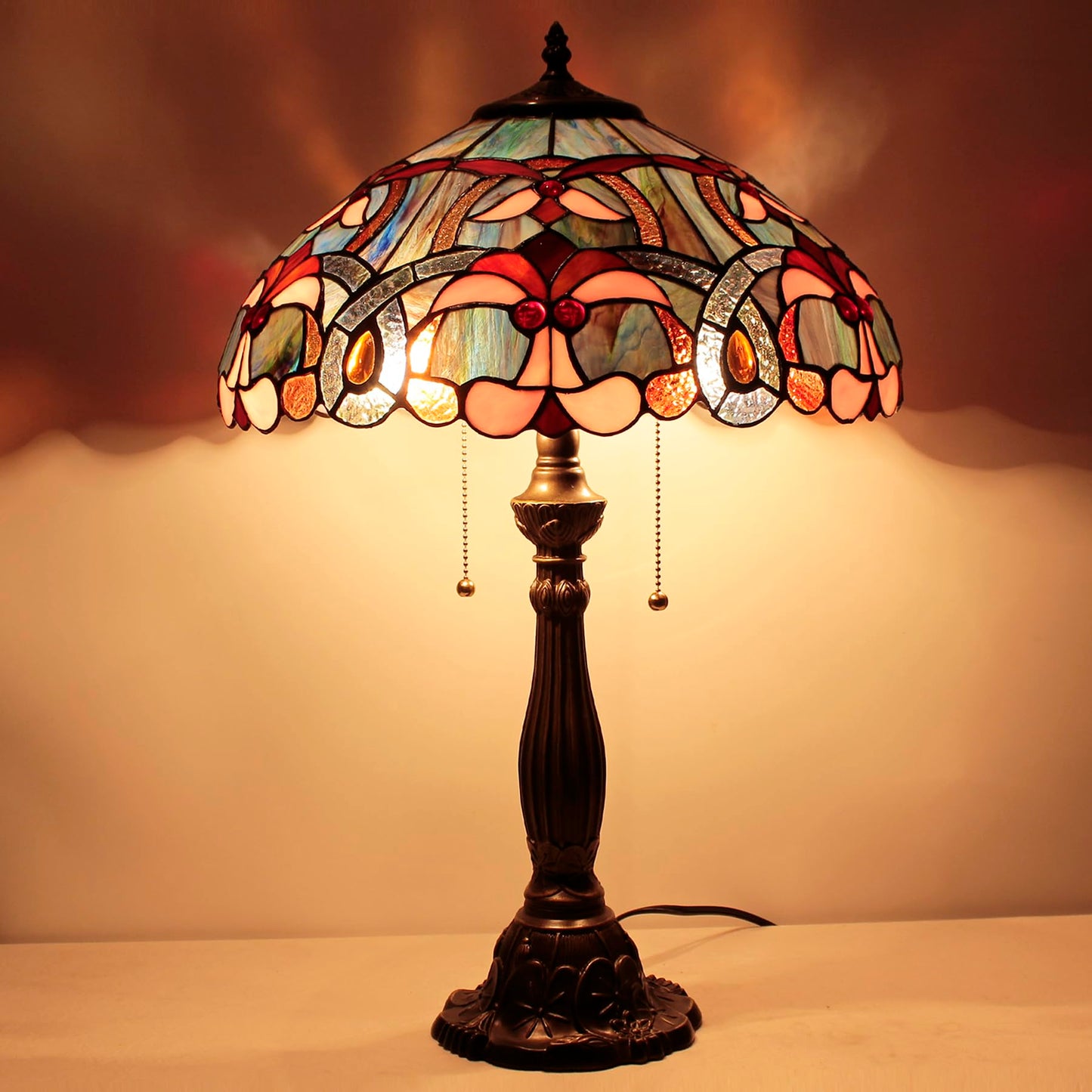 WERFACTORY Tiffany Lamp Blue Pink Stained Glass Bedside Table Lamp