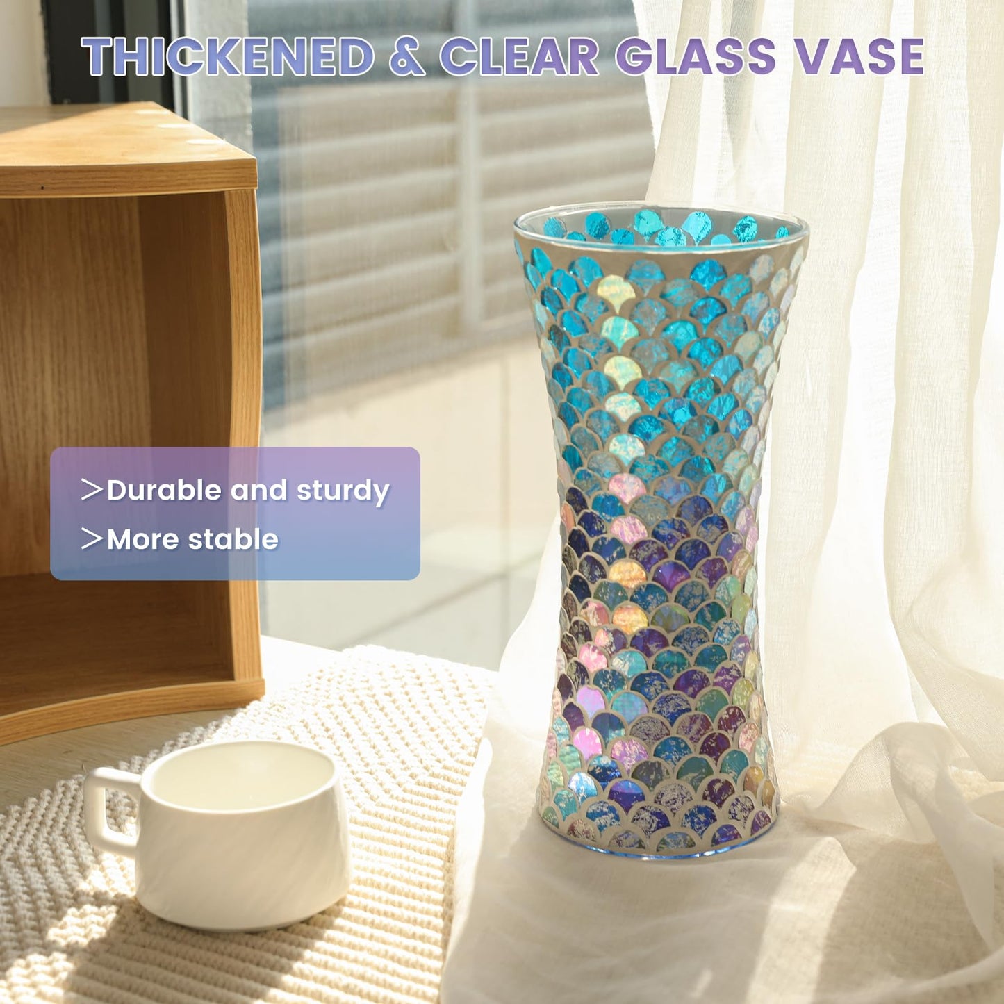 Adedeo Mosaic Glass Flower Vase for Home Decor, Large Handmade Glass Vases for Living Room, Kitchen, Wedding, Office (Fan Shape Golden Blue, 5 * 11.8 Inch)