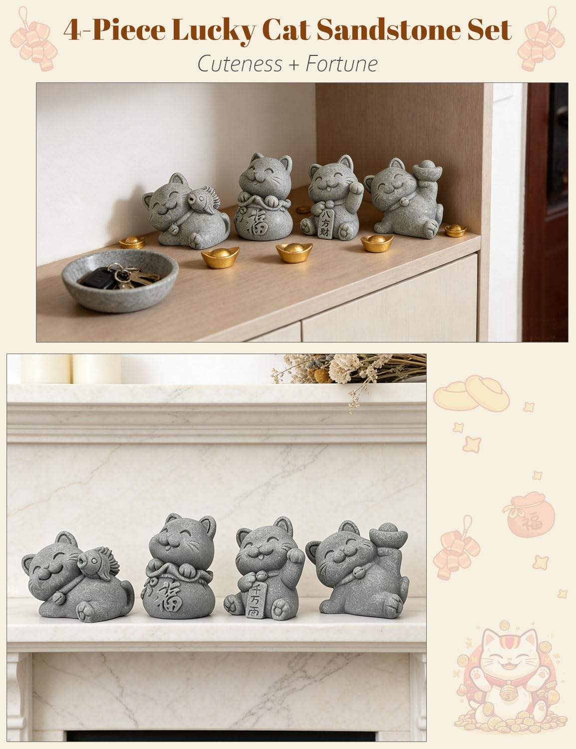 BEIZHAN 4 Piece Cute Lucky Cat Statue Set, Sandstone Feng Shui Fortune Figurines, Wealth & Good Luck Desk/Garden Decor for Home Office