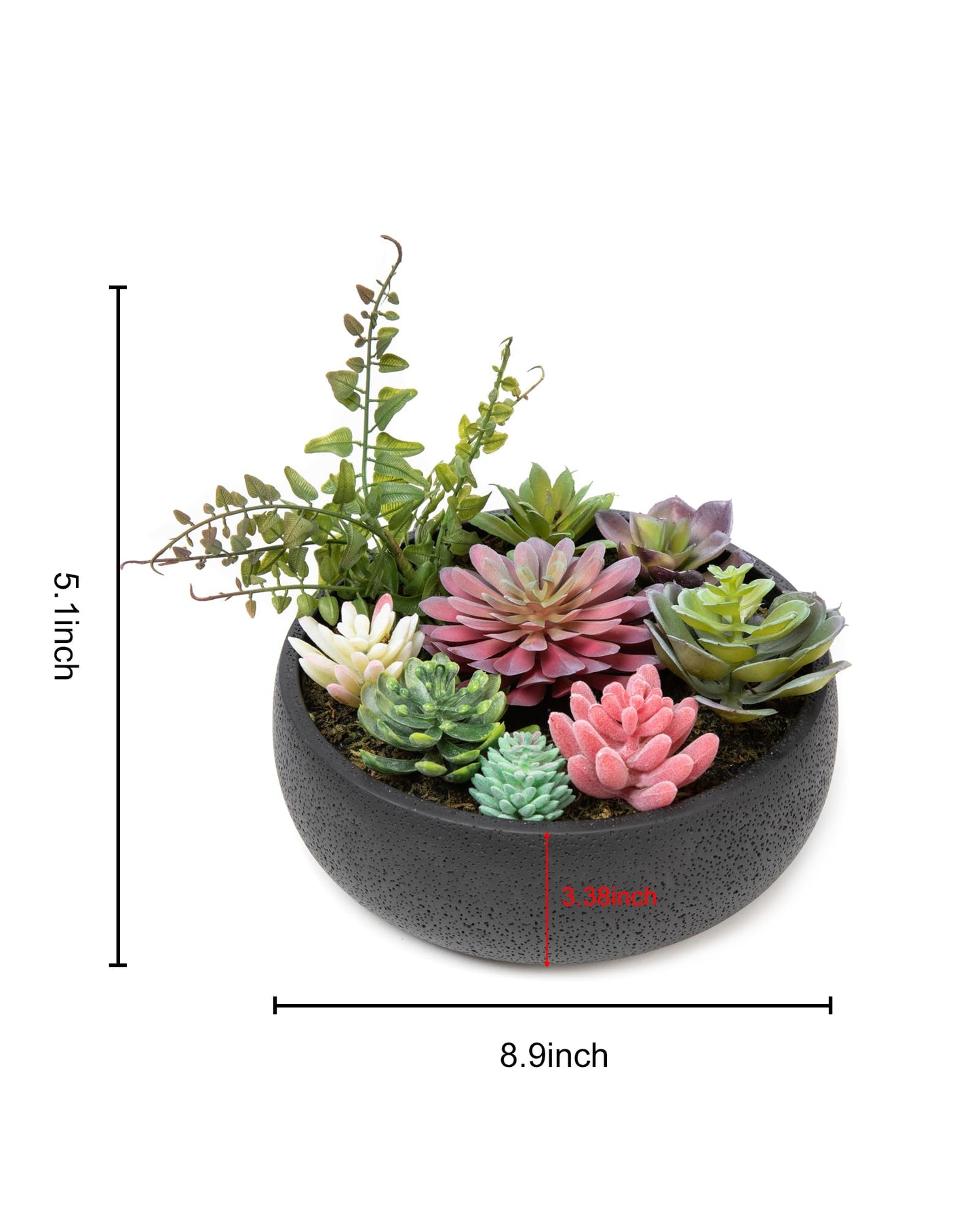 Nattol 8 Inch Round Modern Artificial Succulent Plant Arrangement, Assorted Fake Plants in Black Concrete Planter Bowl for Home Decoration