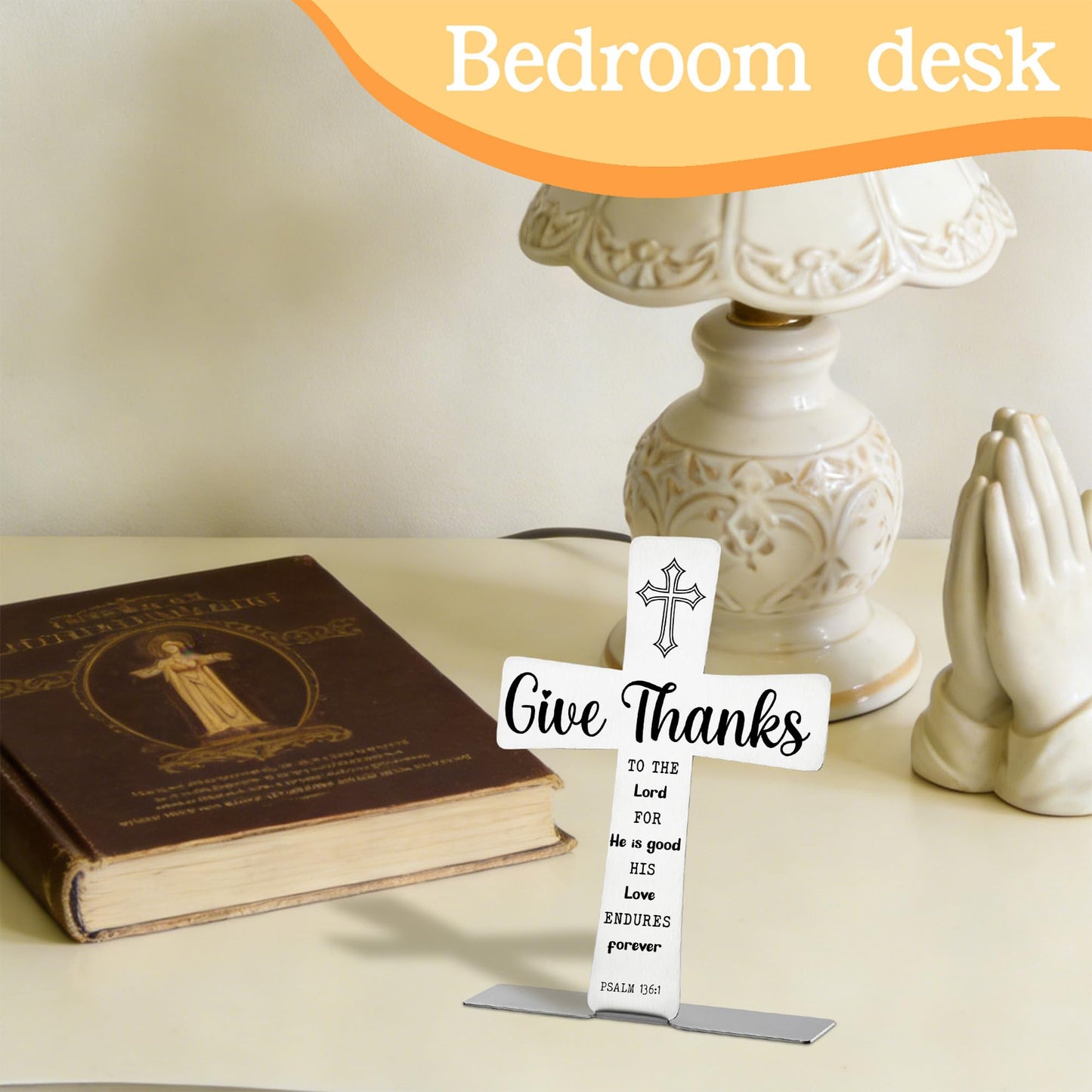 Christian Thank You Desk Cross Psalm 136:1 Encouragement Gift for Coworker Teacher Nurse Friend, Appreciation Graduation Inspirational Office Desk Decor, DSH897