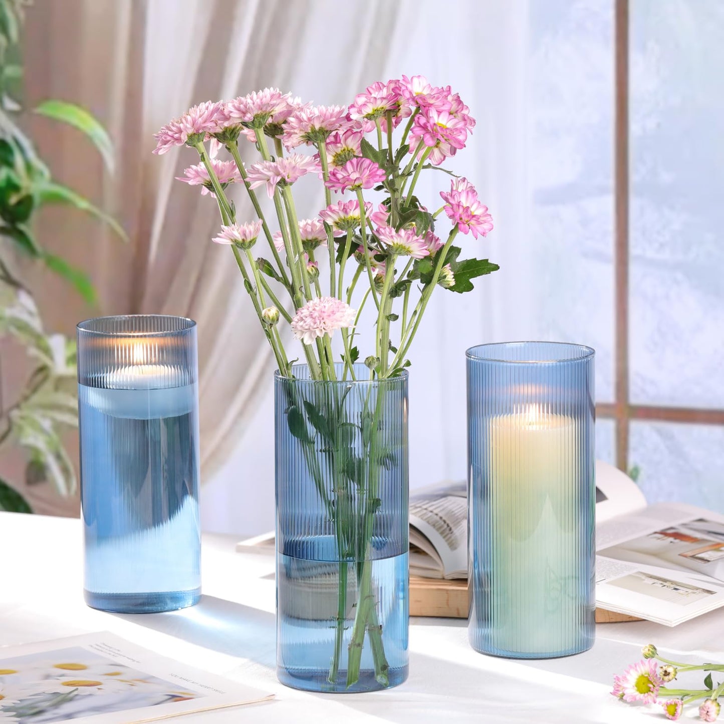 Glass Cylinder Vases, Blue Vases for Centerpieces Set of 3, 8 Inch Tall Ribbed Vase Hurricane Floating Candle Holder, Small Vases for Flowers Wedding Decoration, Home Decor, Housewarming Gift (Blue)