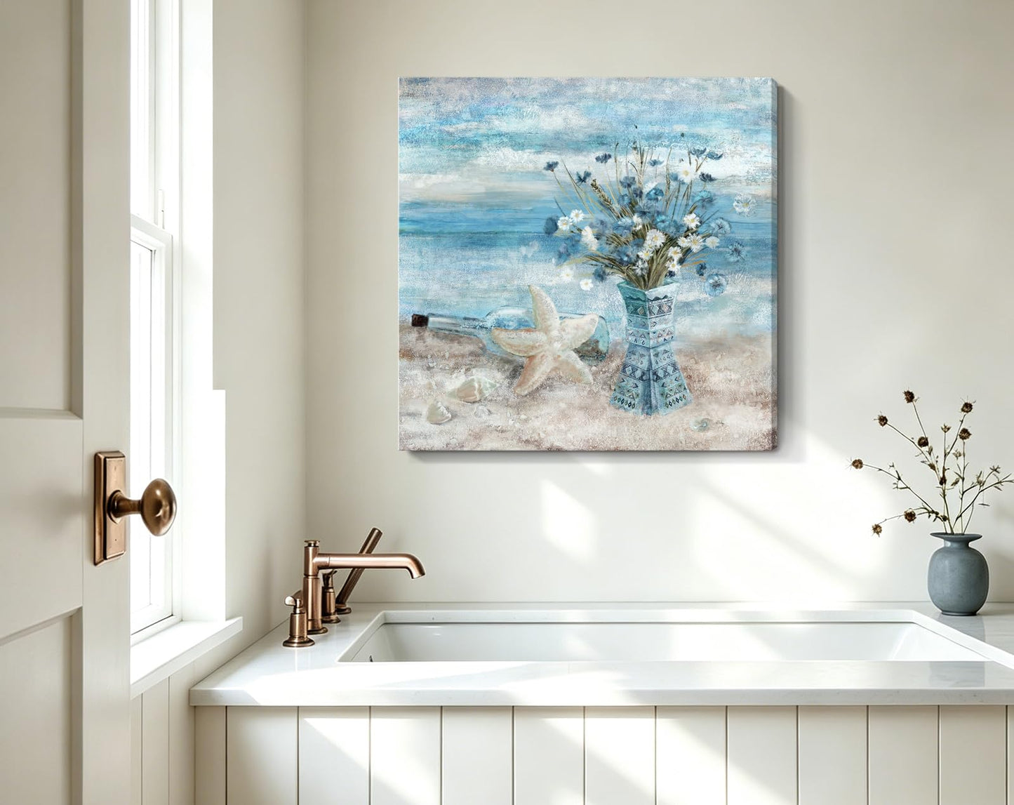 Beach Wall Art for Living Room Blue Ocean Theme Canvas Print Modern Abstract Coastal Picture Seascape Painting Daisy Flower in Indian Vase Framed Artwork for Seaside Bedroom Bathroom Office 24x24inch