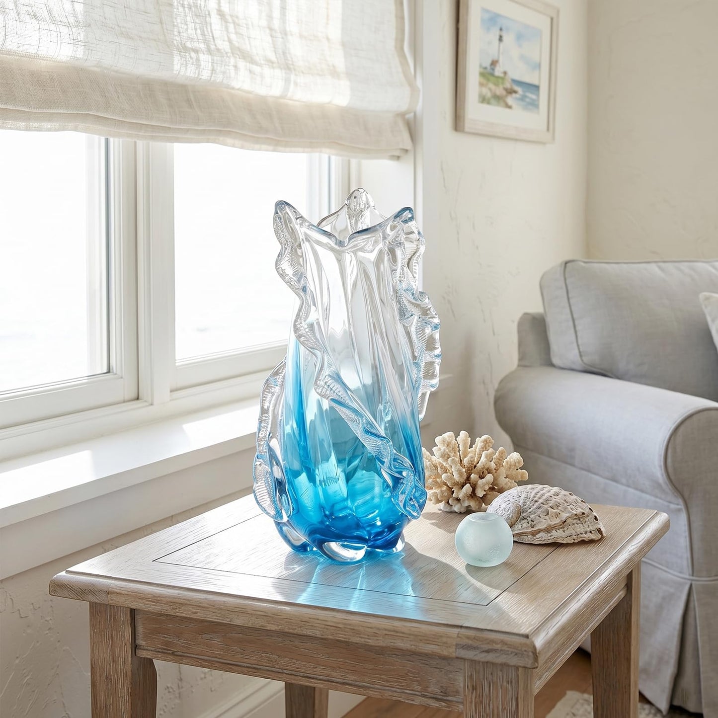 oliruim 12" H - Blown Blue Glass Vase, Unique Art Hand Blown Glass Vases for Coastal Home Decor Centerpiece, for Tabletop Shelf Mantel Entryway Room (Large)