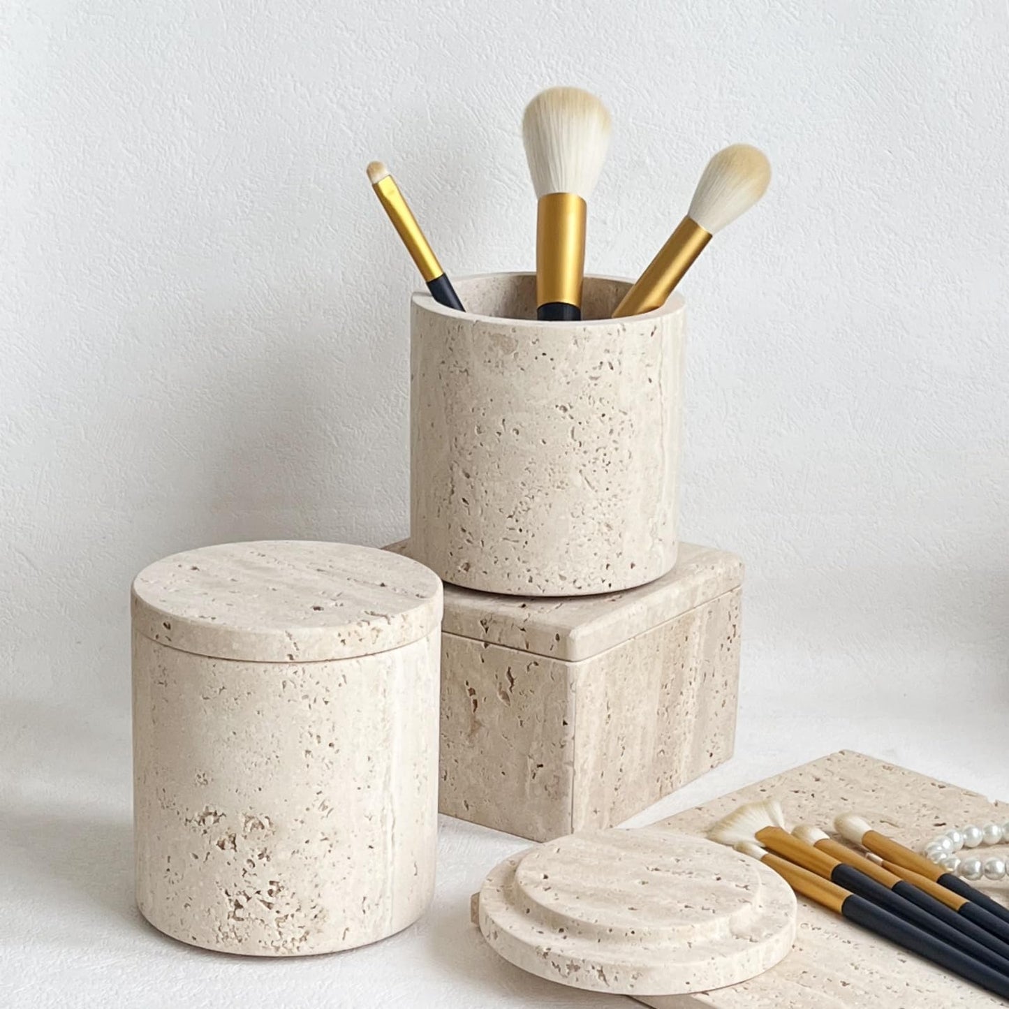 StonePlus Natural Marble Stone Travertine Jar Container Storage Box Cup with Lid (Beige Travertine)