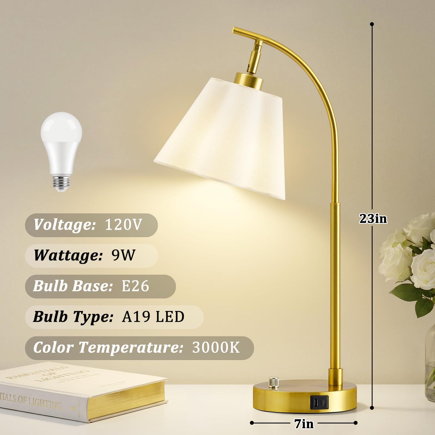 Gold Table Lamp Set of 2, Bedside Table Lamp with USB C+A Ports, Stepless Dimmable Nightstand Lamp, Small Cute Bedroom Lamps, Flower Lamp for Bedroom, Living Room, Home Office(Bulbs Included, Gold)