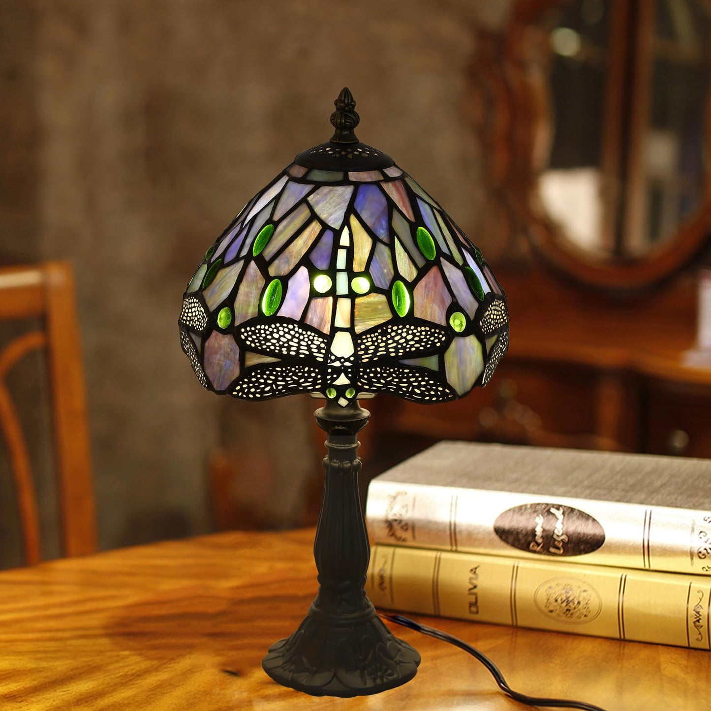 FUMAT Tiffany Small Table Lamp Blue Dragonfly Hand-Made Stained Glass Table Lamps for Bedroom 8.5X8.5X15 Inch Night Light Bedside Nightstand Home Office Desk Lamp W/ E12 LED Bulb