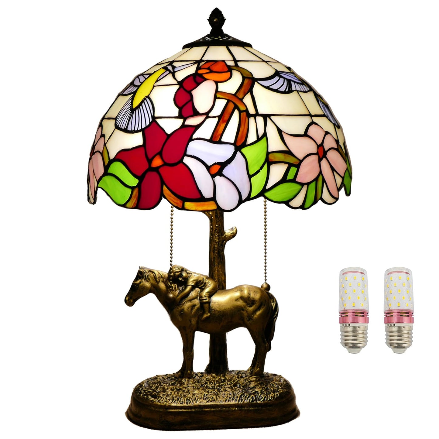JGWSQ Hummingbird Tiffany Table Lamp, Flower Stained Glass 2-Light Lamp