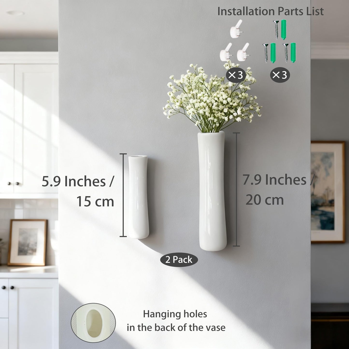 GDSZJLJ Set of 2 Wall Ceramic Vase, White Matte Hanging Wall Vase, Modern Minimalist Ceramic Vases for Dried or Fresh Flowers, Easy Mount Decor for Living Room & Entryway