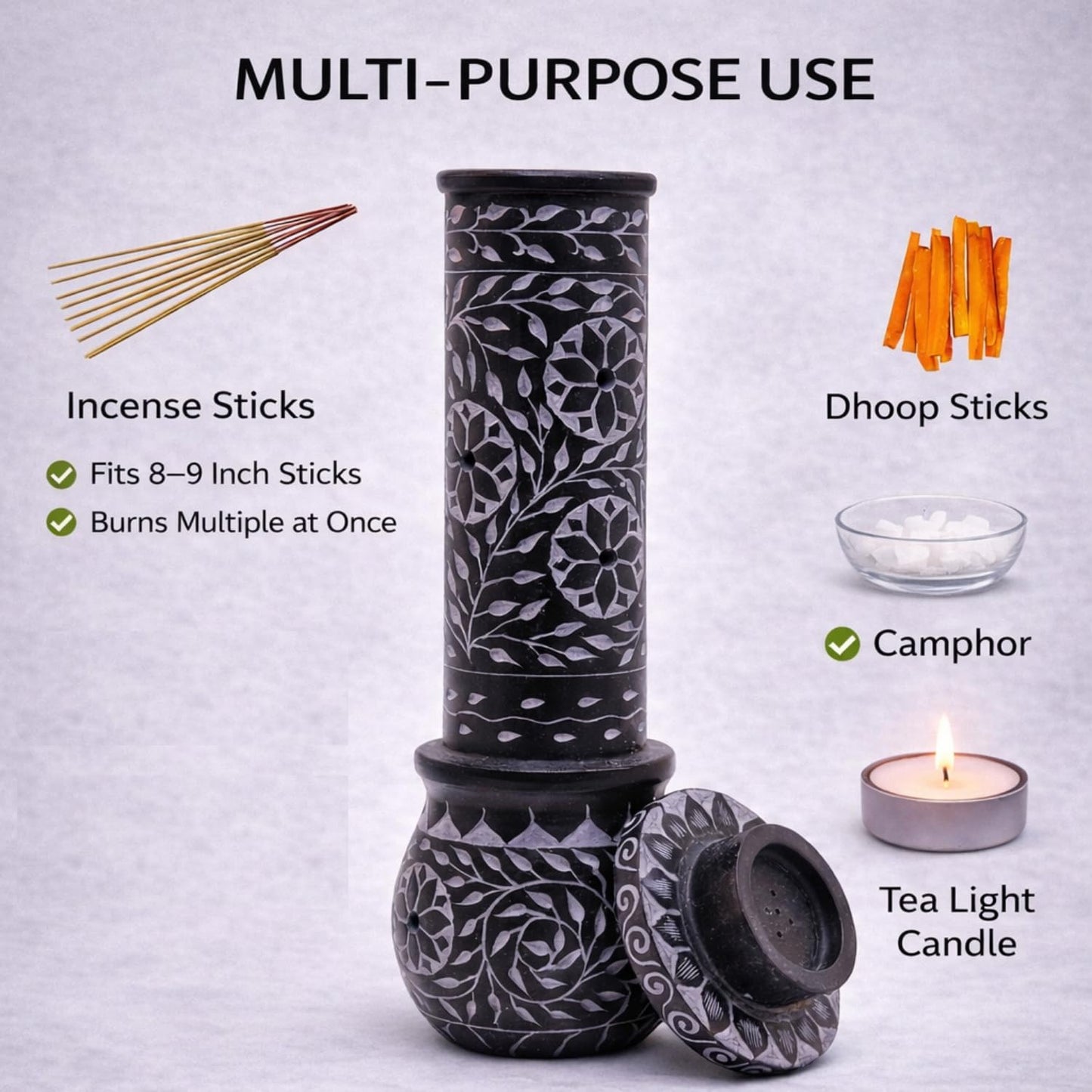 KC KULLICRAFT Hand Carved Marble Soapstone Incense Stick Holder – Black Incense Burner with Ash Catcher Base, Tea Light & Camphor Holder, Decorative Home & Puja Decor (3 x 3 x 10 Inch).