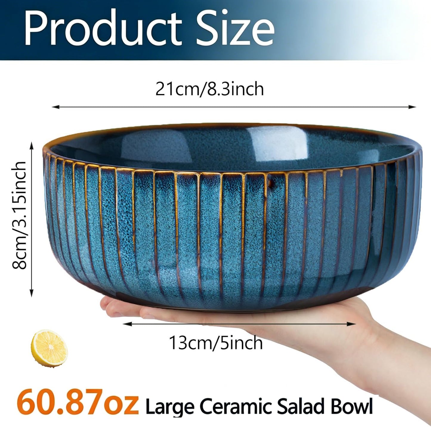 YIK TUNG 66 Oz Large Ceramic Salad Bowls,8.25" Round Serving Bowl with Blue Vertical Stripe Design for Serving Pasta,Soup, Cereals,Fruit, Chips, and More, Microwave & Dishwasher Safe