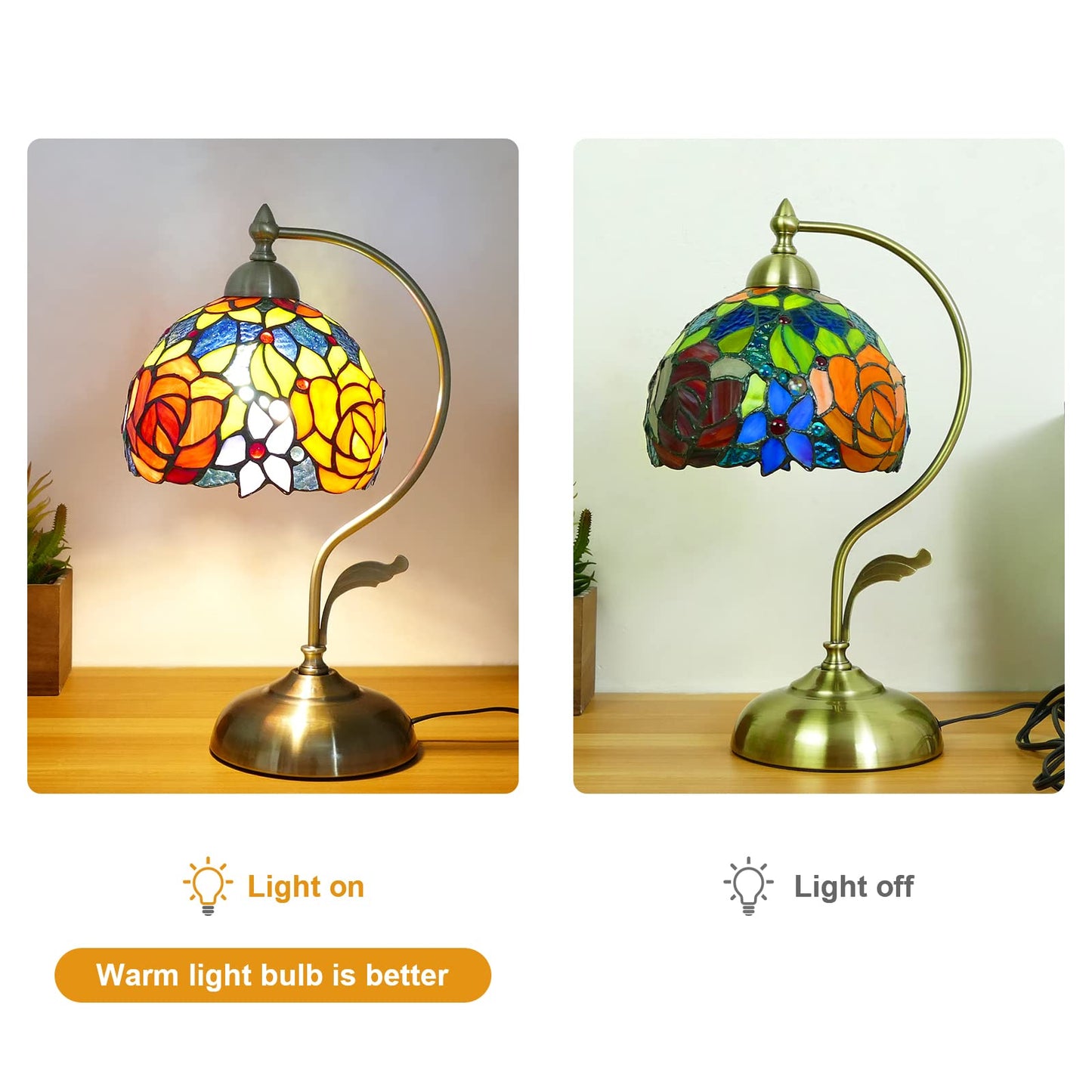 JGWSQ Rose Floral Tiffany Table Lamp, Stained Glass Curved Desk Lamp