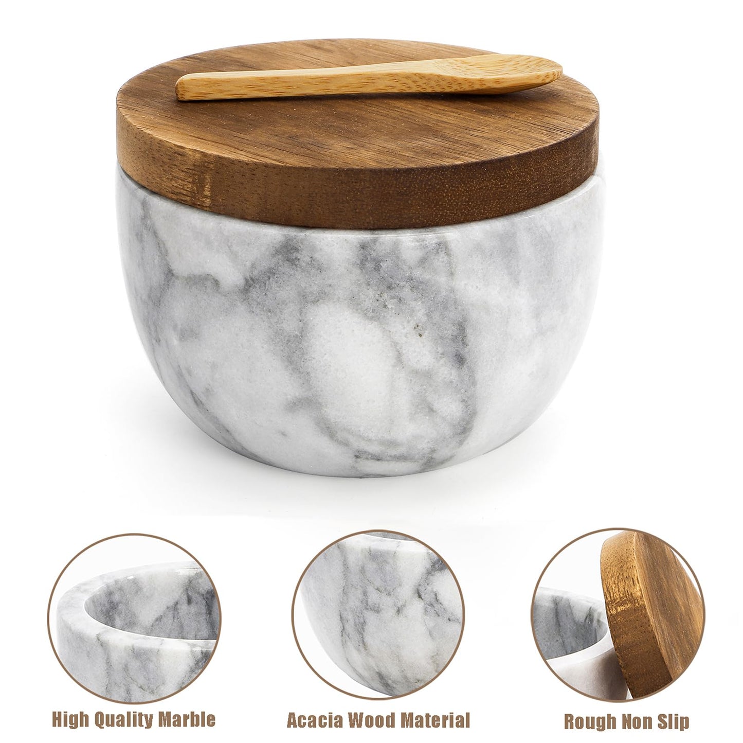Nicunom Marble Salt Cellar with Acacia Wood Lid and Spoon, Elegant Handcrafted Salt Box Pepper Bowl Spice Jar Seasoning Keeper Salt Container for Kitchen Counter