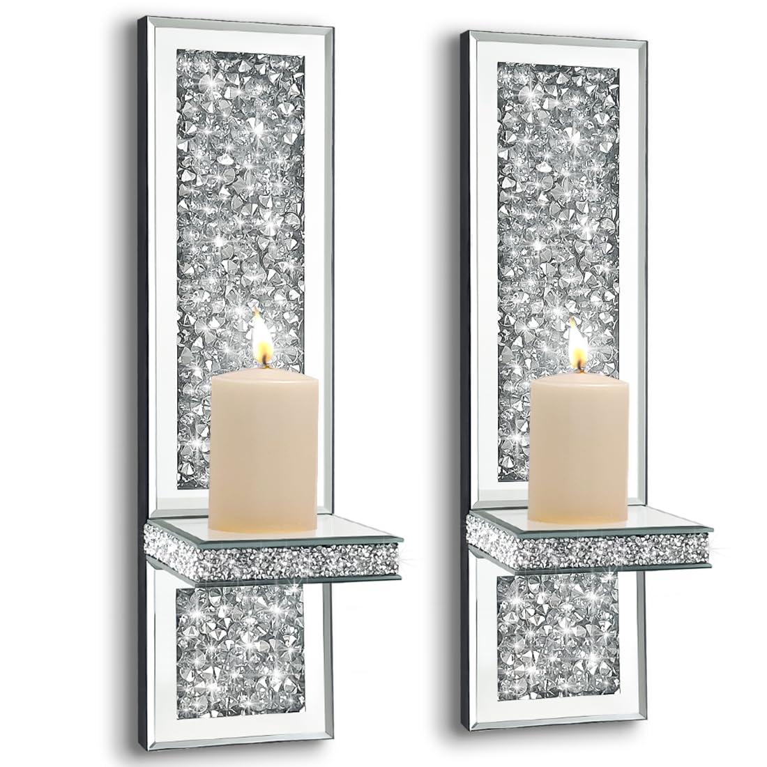 Pibeyer Crystal Crush Diamond Wall Candle Holder Set of 2, Silver Mirrored Candle Sconces, Home Wall Decoration for Living Room,Dining Room & Bedroom