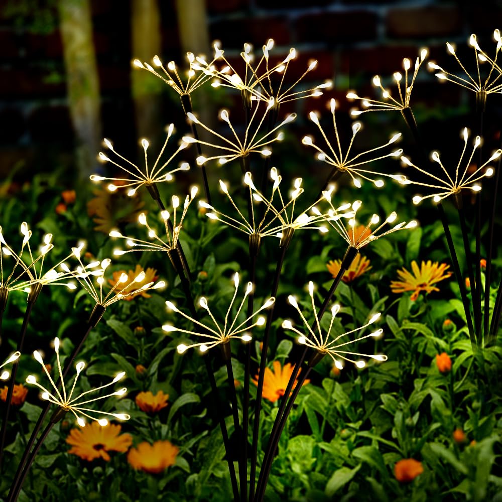Solar Garden Lights 2 Pack Twinkling Solar Firework Lights with 2 Modes 120LED, Solar-Powered Light for Outside Yard Pathway Garden Decor Outdoor Waterproof, Gardening Gifts for Women Mothers Day,Warm