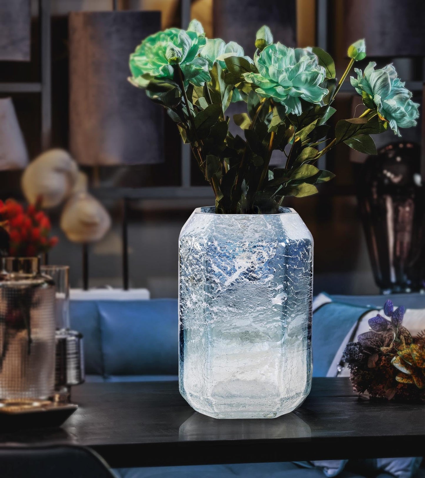Howard Elliott Collection Lonsdale Iridescent Tall Glass Vase, Arctic Blue Square Vase with Geometric Texture, Decorative Accent for Table, Shelf or Centerpiece, 6.25H x 7.88W x 7.88D, Blue Silver