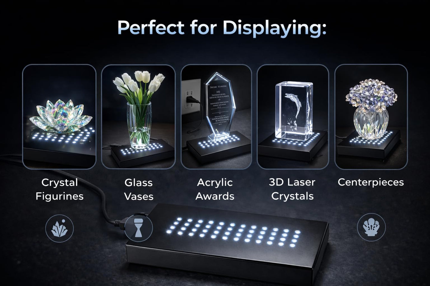 ASENTE 36 White-Light LED Lighted Base for Glass Art - Crystal Display, Lighted Acrylic Base, Glass Vase for Centerpiece Stand, Matte Black