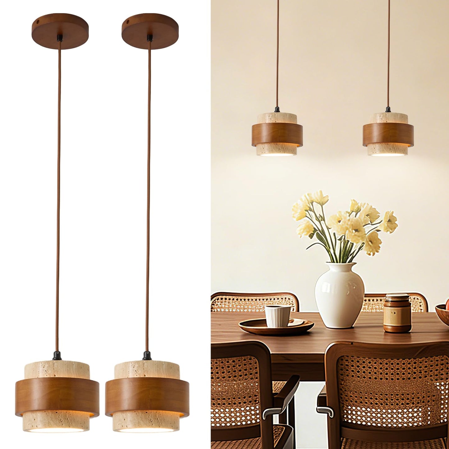 Wabi Sabi Pendant Light Set of 2, Natural Stone Travertine & Wood Hanging Lamp for Kitchen Island, Hallway, Bedroom, Dining Room Ceiling Decor (E26 Bulb, 6.7 in Stone Ring)