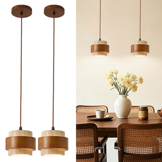 Wabi Sabi Pendant Light Set of 2, Natural Stone Travertine & Wood Hanging Lamp for Kitchen Island, Hallway, Bedroom, Dining Room Ceiling Decor (E26 Bulb, 6.7 in Stone Ring)